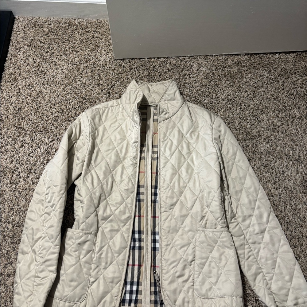 Burberry Tan Quilted Puffer Jacket with Classic Check Lining